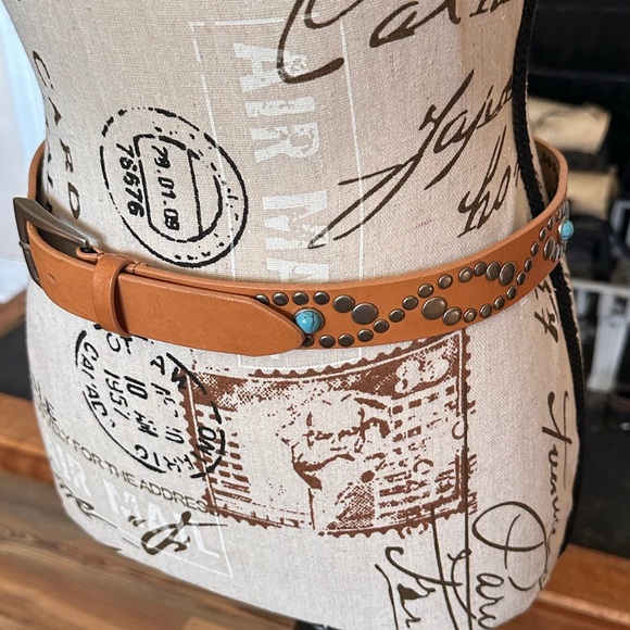 Steve Madden Studded Tan Leather Western Belt Faux Turquoise Boho Cowgirl Small - Picture 13 of 14